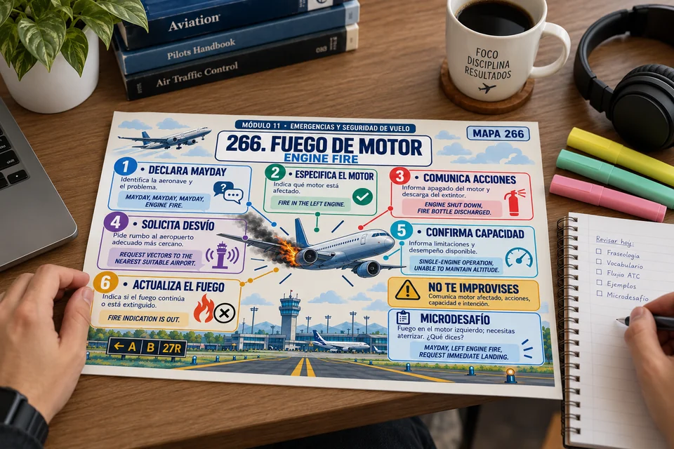 Piloto practicando fraseología aeronáutica y despegue con mapa mental
