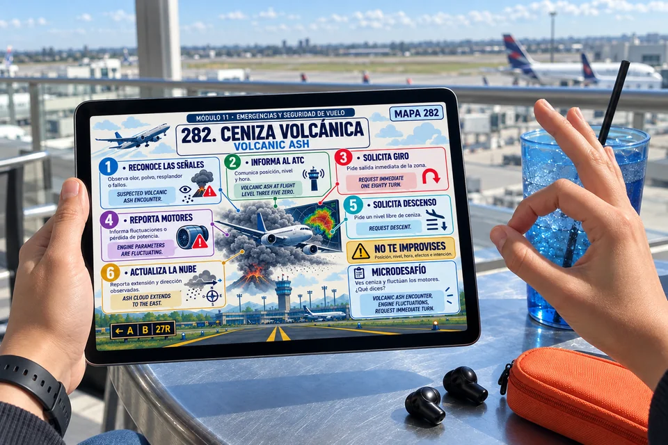 Instructor revisando meteorología y ceniza volcánica con mapa mental